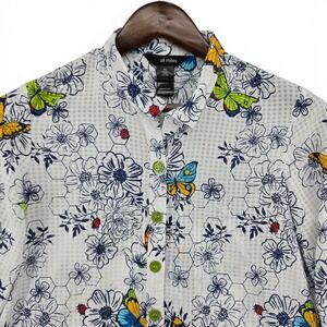 Ali Miles Petite Small Butterfly Floral Button Front Blouse Sheer Garden Cottage
